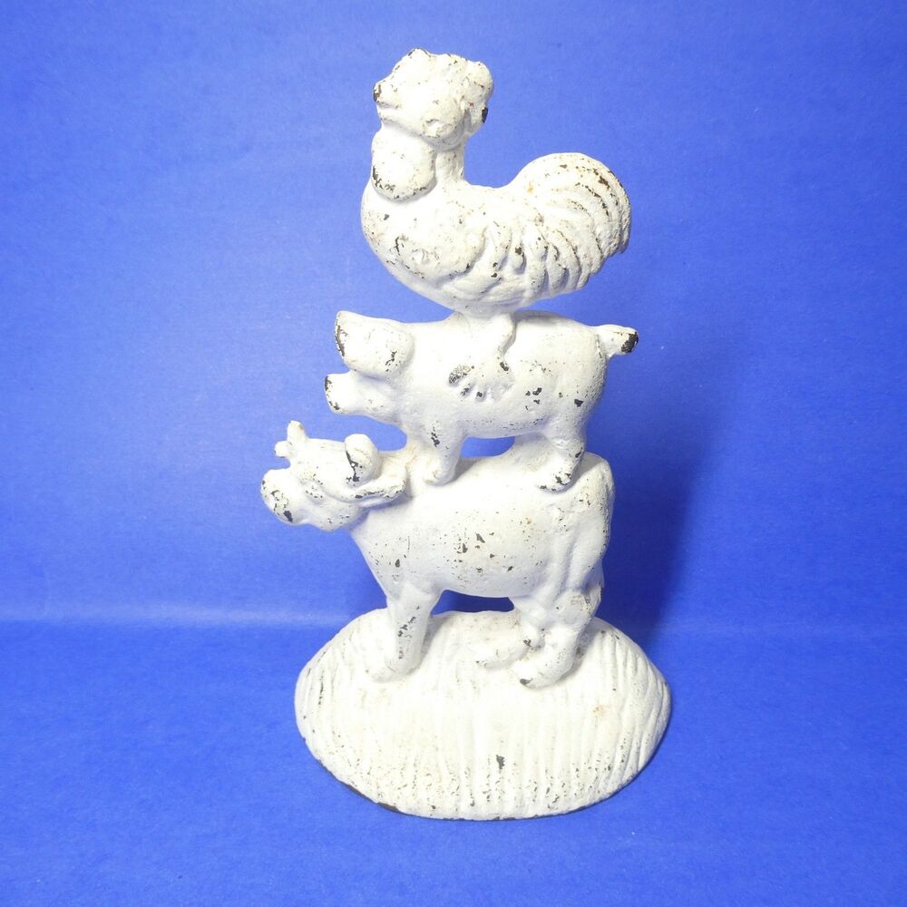 Cast Iron Farm Animals Cow Pig Rooster Stacked Bookend Doorstop Vintage White